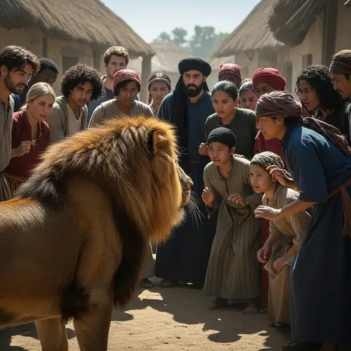Majestic Lion Encountered by Diverse Village Crowd