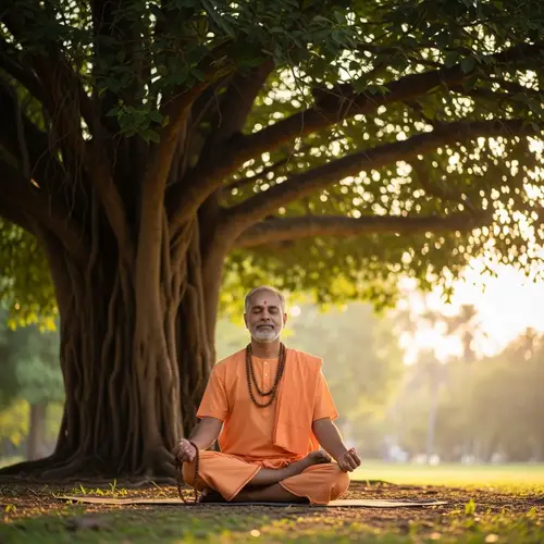 Serene South Asian Hindu Guru Meditating Under Banyan Tree