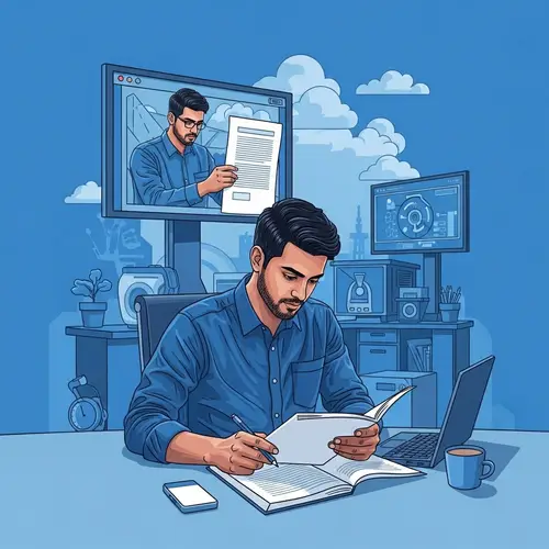 Surreal Scene of South Asian Web Developer Studying English Documentation