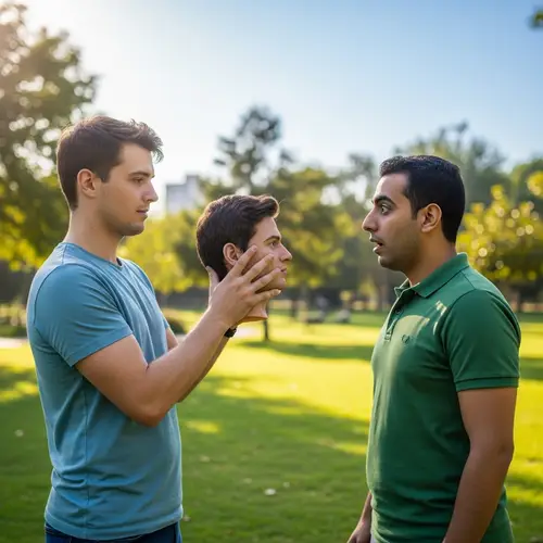 Caucasian Man Presents Replica Head to Middle-Eastern Man