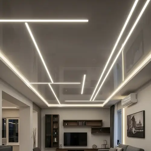Glossy Stretch Ceiling with Luminous Lights - Modern Elegance