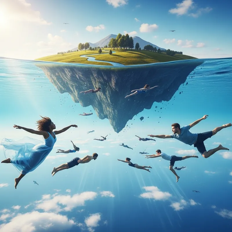 People Floating and Swimming in Sky Landscape