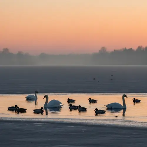 Tranquil Setting Sun Scene at Frozen Lake with Swans and Ducks
