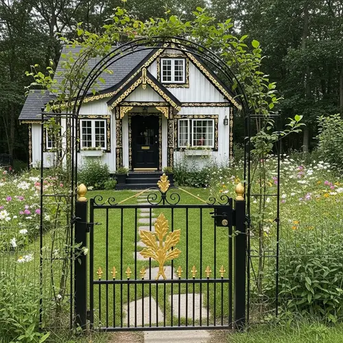 Quaint Cottage in Black and White with Gold Accents | Serene Cottagecore Aesthetic