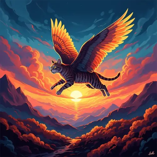 Vibrant Winged Feline in Surreal Landscape | Fantasy Art
