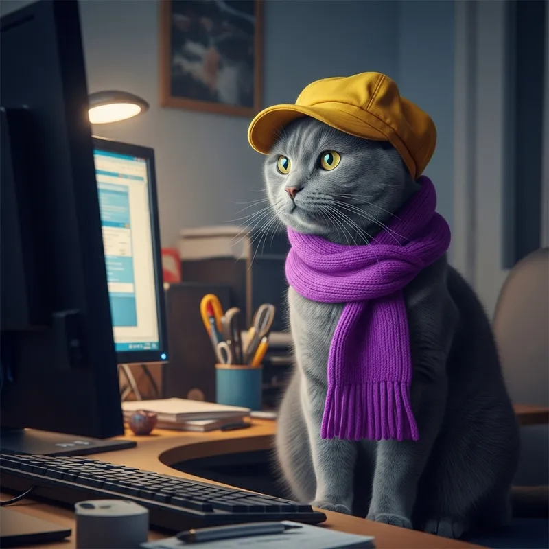 Cute Cat in Purple Scarf and Yellow Cap Using Computer
