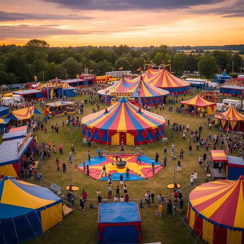 Vibrant Circus with Colorful Tents and Lively Performers