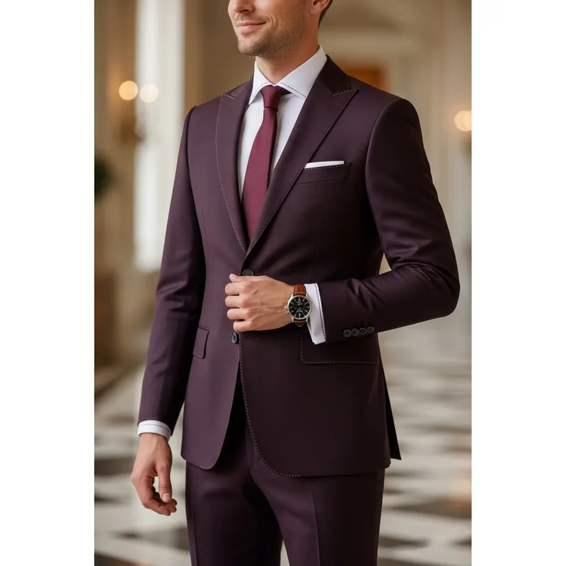 Modern Dark Burgundy Groom's Suit with Stylish Accessories Modern Dark Burgundy Groom's Suit with Stylish Accessories
