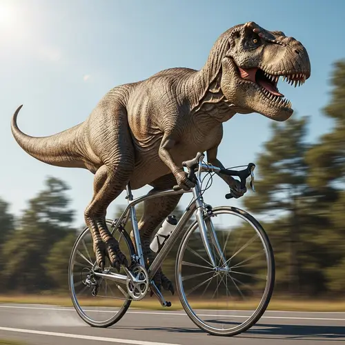 Enormous T-Rex Riding High-Tech Roadbike in Dynamic Pose