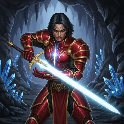 Epic Fantasy Warrior in Red Armor Holding Luminescent Sword