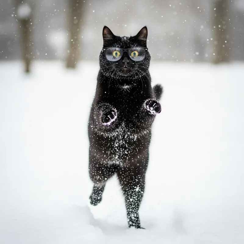 Playful Black Cat in Glasses Leaping on Snowy Ground
