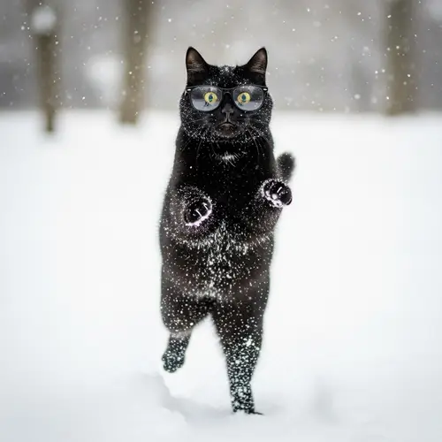 Playful Black Cat Jumping in Snow | Winter Joy