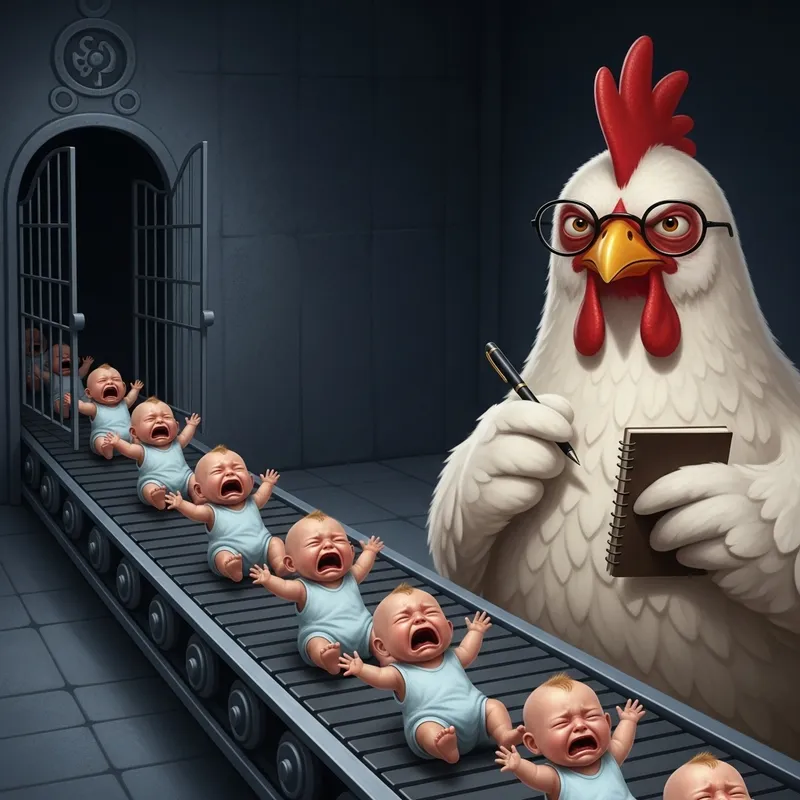 Serious Chicken Observes Crying Babies at Gate