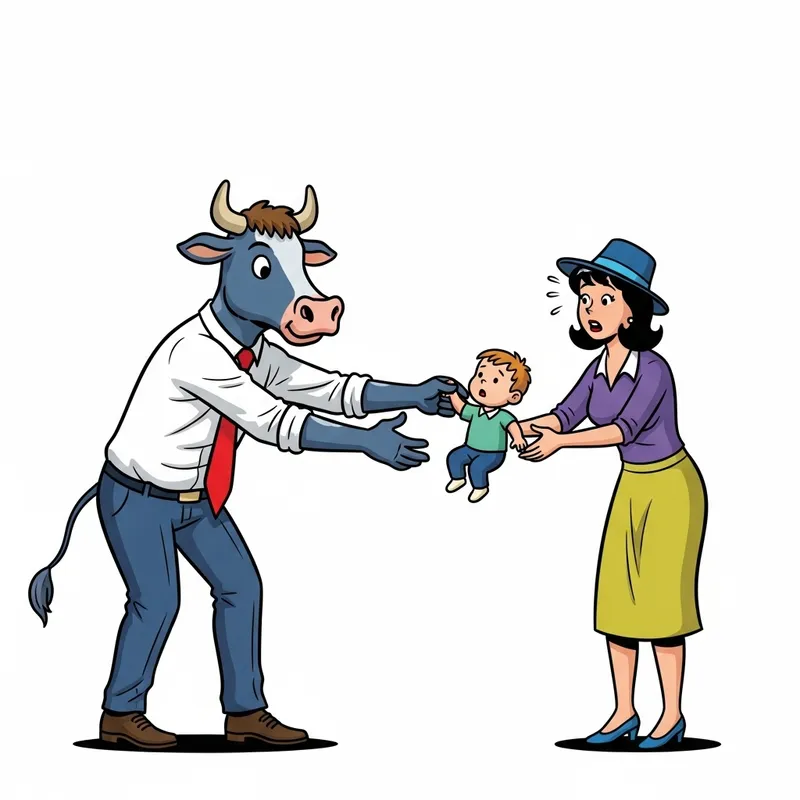 Hilarious Cow Character Stealing Baby from Mom Hilarious Cow Character Stealing Baby from Mom