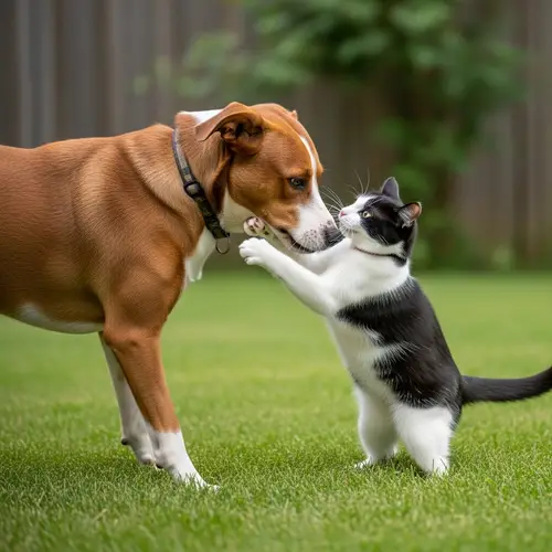 Delicate and Playful Cat and Dog Interaction | Outdoor Backyard Scene