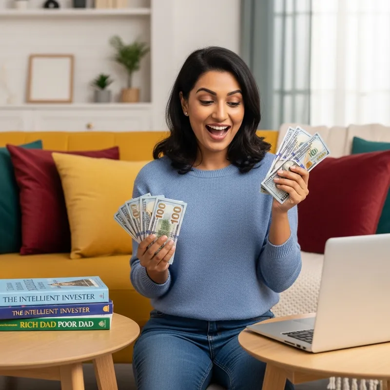 Person Celebrates at Home with $1000 Cash