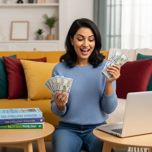South Asian Woman Celebrates with $1000 Cash | Cozy Living Room Scene