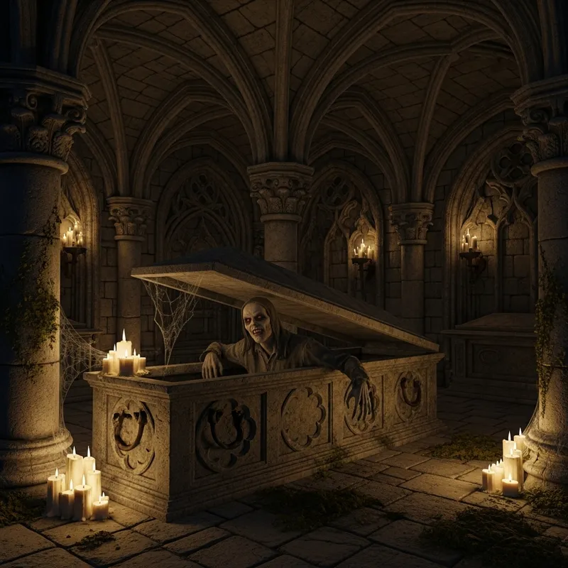 Ghoul Emerging from Stone Coffin in Gothic Crypt Candlelight Ghoul Emerging from Stone Coffin in Gothic Crypt Candlelight