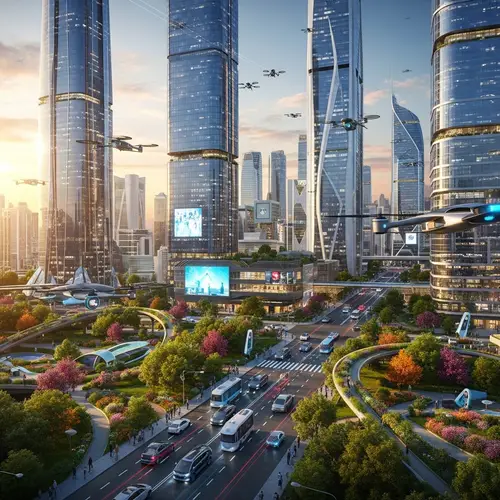 Futuristic Cityscape with Modern Buildings and Autonomous Vehicles