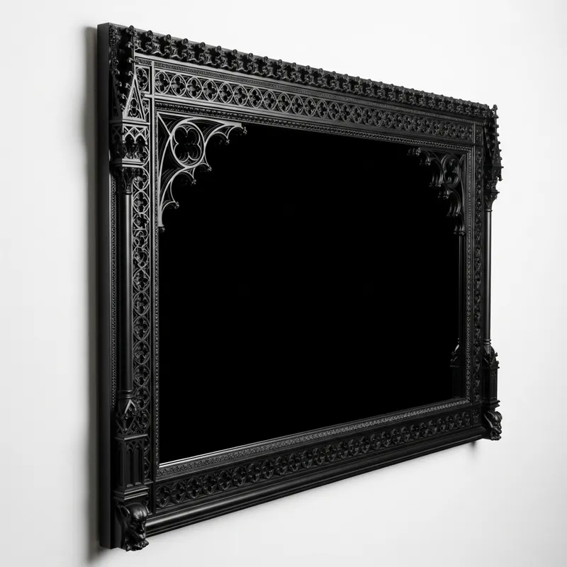 Large Rectangular Gothic Mirror with Carved Antique Black Frame