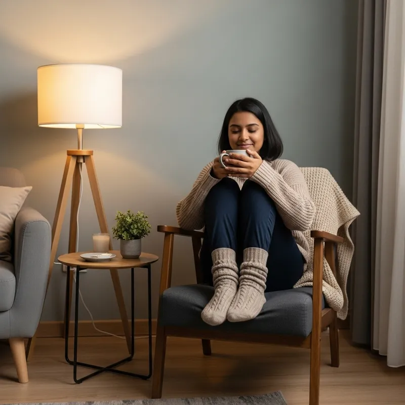 Girl in Knitted Socks and Sweater at Home