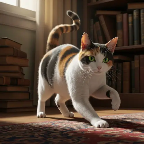 Nimble Domestic Cat with Calico Fur in Mid-Pounce