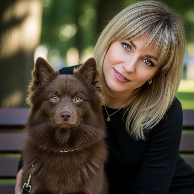 Chocolate German Spitz Dog with Blonde Woman