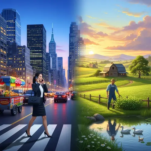 Dual Worlds: City and Rural Life Scene at Dusk and Dawn