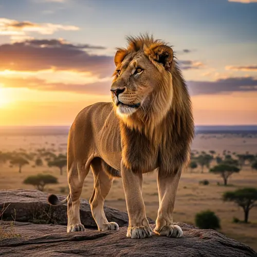 Majestic Lion Standing on Rocky Cliff in African Savannah