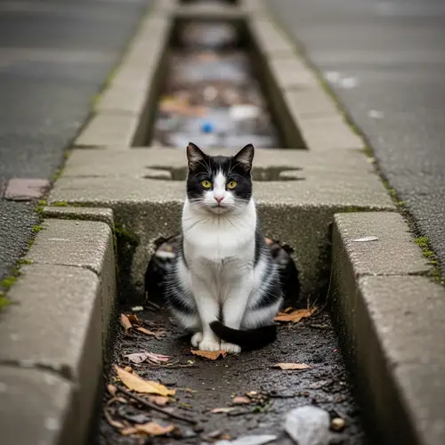 Elegant Tuxedo Cat in Urban Gutter - Striking Visual Contrast