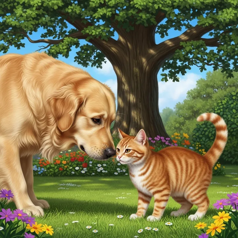 Dog and Cat: Serene Garden Friends