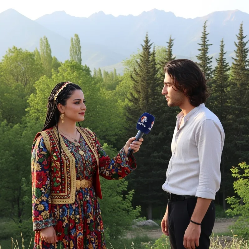 Kurdish Journalist Interviews Young Man in Traditional Clothes | Mountain Background