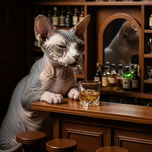 Bald Cat Indulging in Whiskey at Miniature Wooden Bar