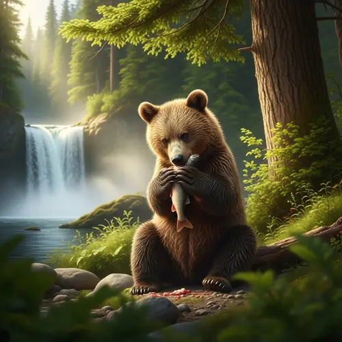 Bear Mistaken as Cat Eating Fish in Wild Setting