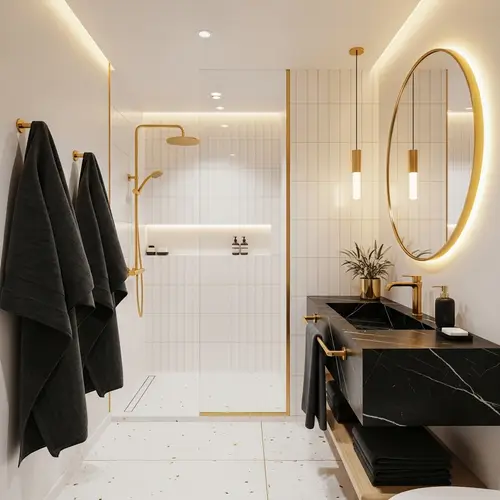 Luxurious Modern Bathroom Design with Black, Gold & White Elements