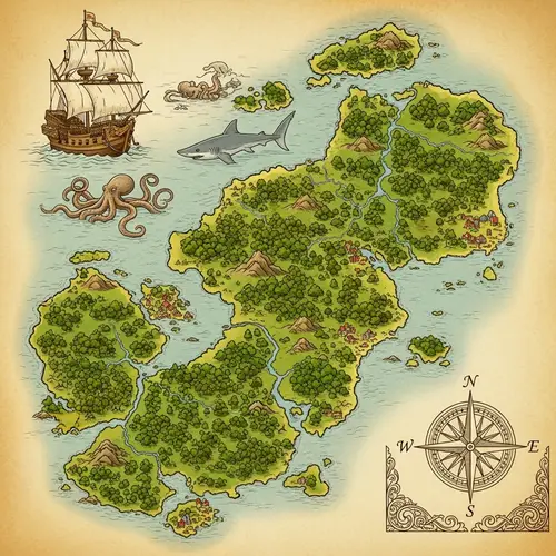 Vintage-Style Hand-Drawn Map of Imagined Archipelago