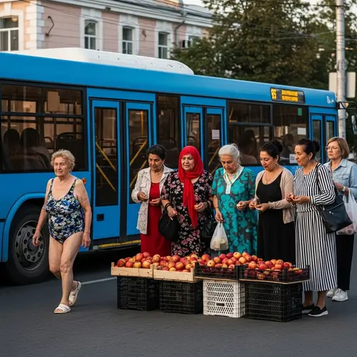 Elderly Woman Observes Diverse Street Fashion in Saratov