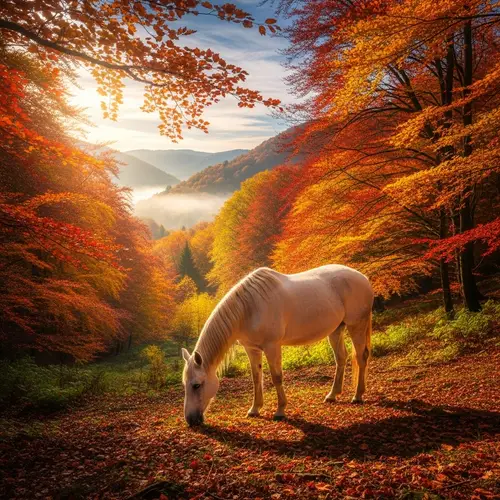 White Horse in Vibrant Fall Valley | Peaceful Grazing Scene