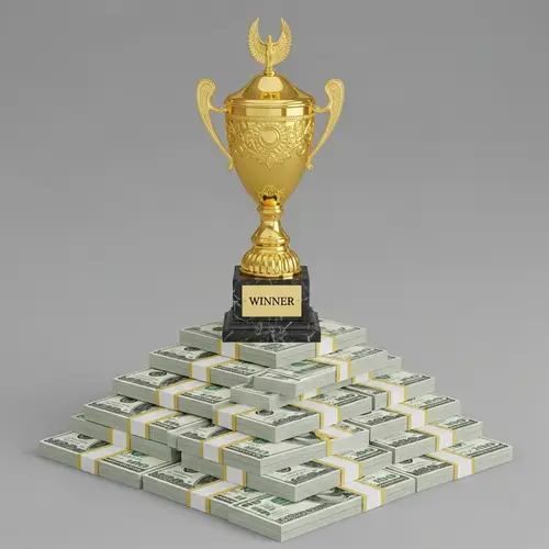 Intricately Detailed Gold Trophy on Money Stacks