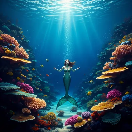 Enchanting Underwater Mermaid Scene with Vibrant Coral Reefs
