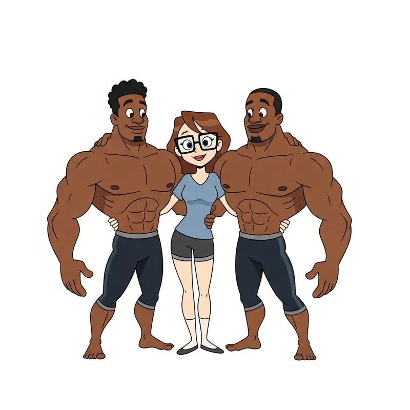 Young Woman with Glasses and Muscular Brothers in Cartoon Style