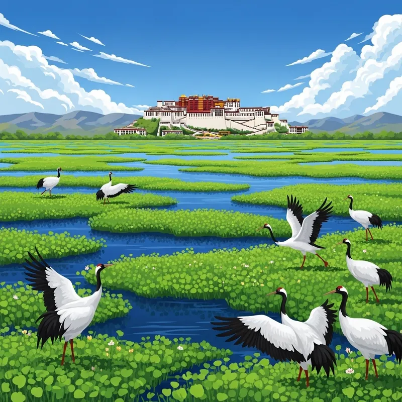 Tranquil Wetland Scene with Potala Palace and Graceful Cranes