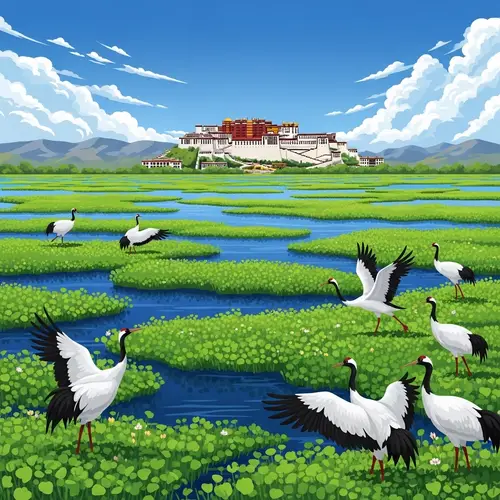 Potala Palace and Black-Necked Cranes in Tranquil Wetland Landscape