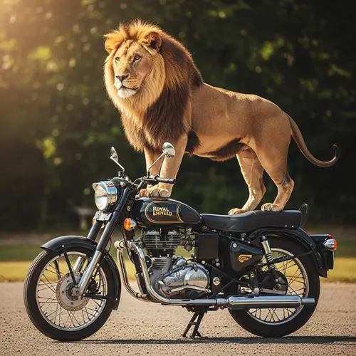 Majestic Lion on Vintage Royal Enfield Bullet