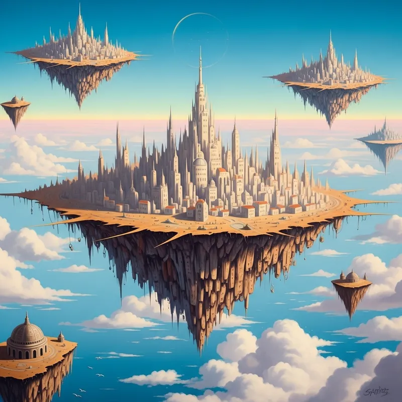 Vibrant Floating City in Sky: Dali-Inspired Dreamscapes Vibrant Floating City in Sky: Dali-Inspired Dreamscapes