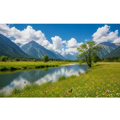 Tranquil River Valley Landscape with Majestic Mountains | Serene Nature Scene