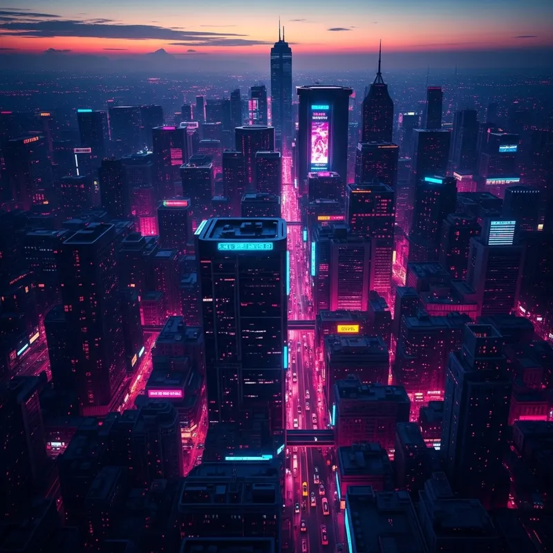 Vibrant Neon Cityscape at Dusk: Energetic Cyberpunk Urban View