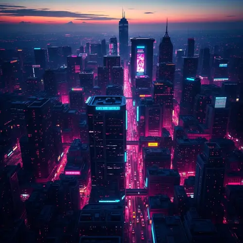 Neon Cityscape Panorama at Dusk: Cyberpunk Urban Life View