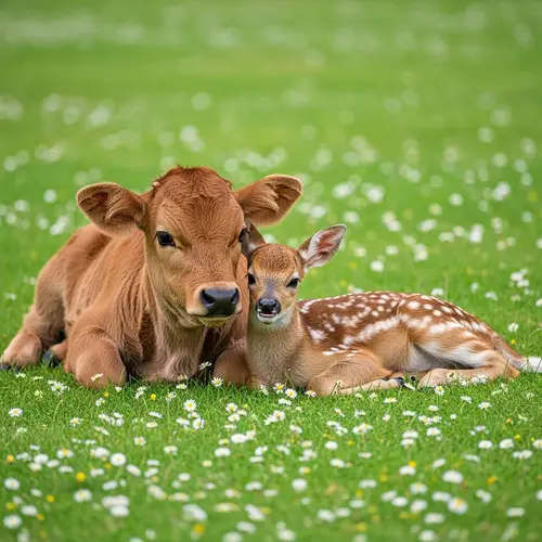 Young Calf and Fawn Enjoying Summer Day on Green Meadow