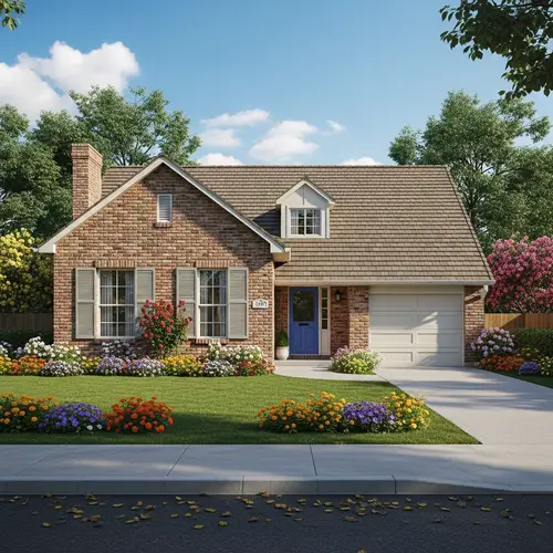 Classic Single-Story Suburban House with Brick Facade and Blooming Flowers